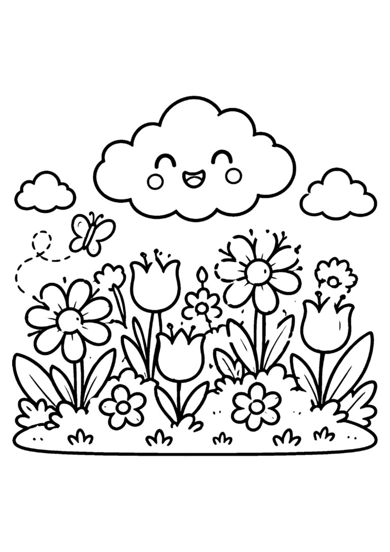 Campo de flores com uma nuvem sorridente