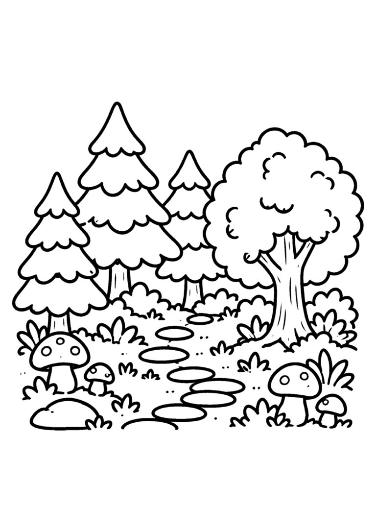 Bosque com pinheiros, cogumelos e caminho de pedras