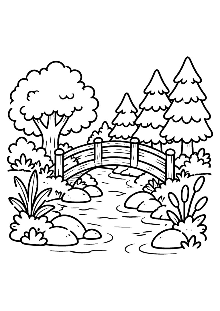 Rio no bosque com ponte de madeira
