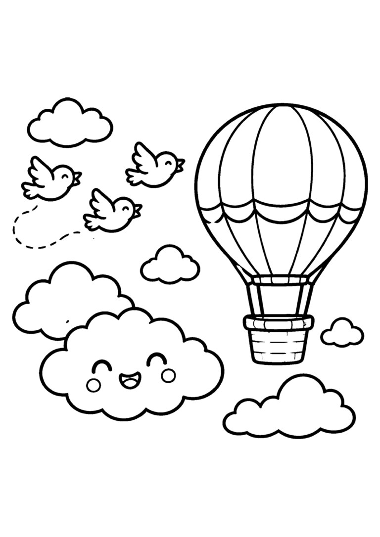 Céu com nuvens, passarinhos e balão
