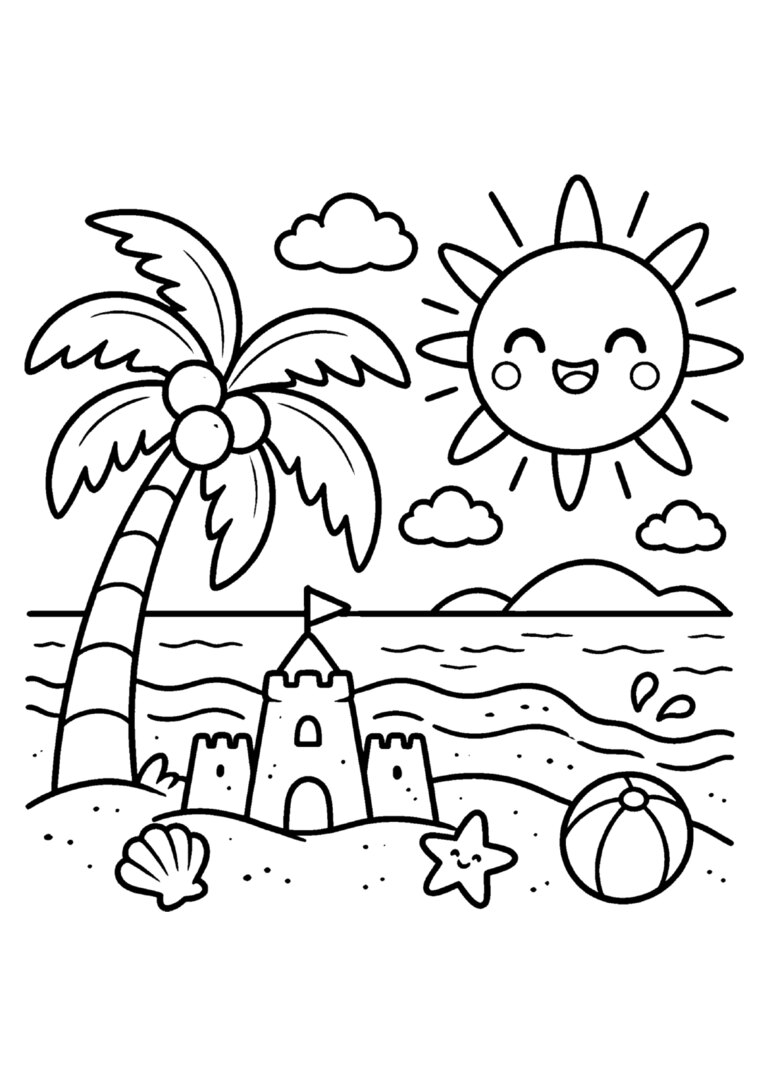 Verão na praia com coqueiro, castelo de areia e sol