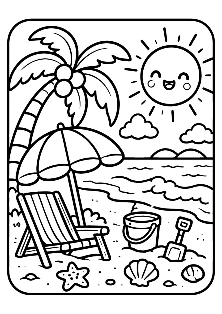Praia com guarda-sol, cadeira e baldinho