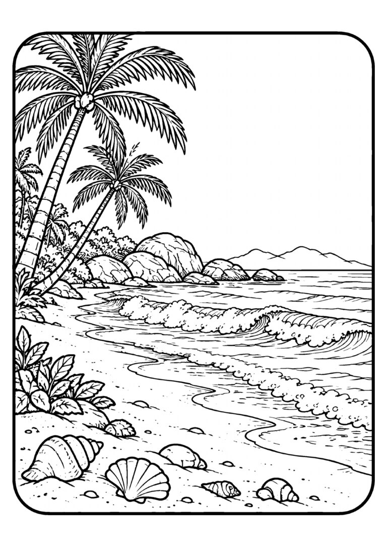 Praia com coqueiros, ondas e conchas