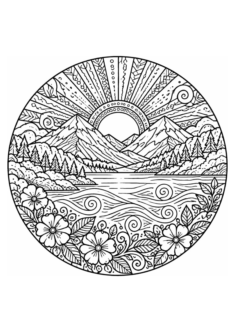 Mandala de paisagem com montanhas, sol e lago