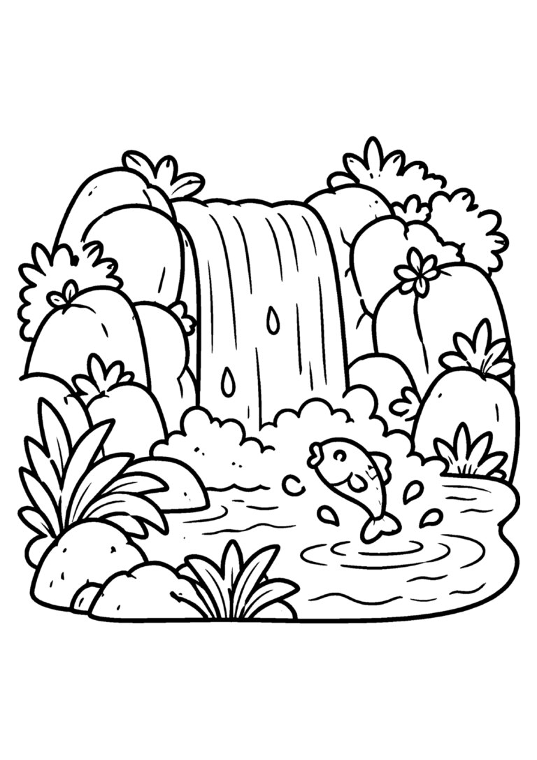 Cachoeira caindo entre pedras, com peixinho pulando