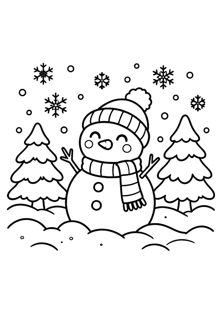 Inverno na neve com pinheiros e boneco de neve