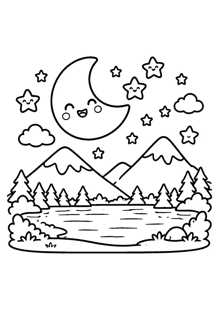 Lua sorridente e estrelas sobre montanhas e lago