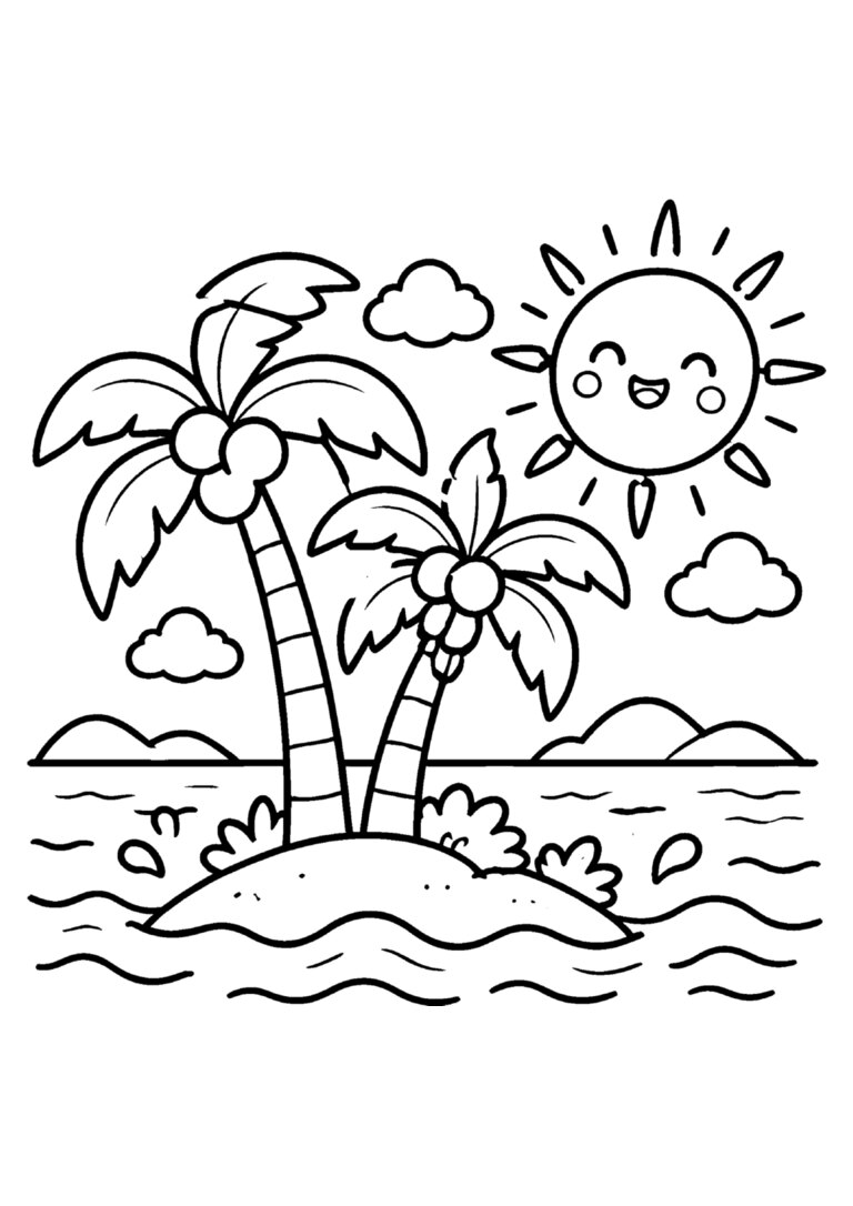 Ilha com coqueiros no meio do mar e sol