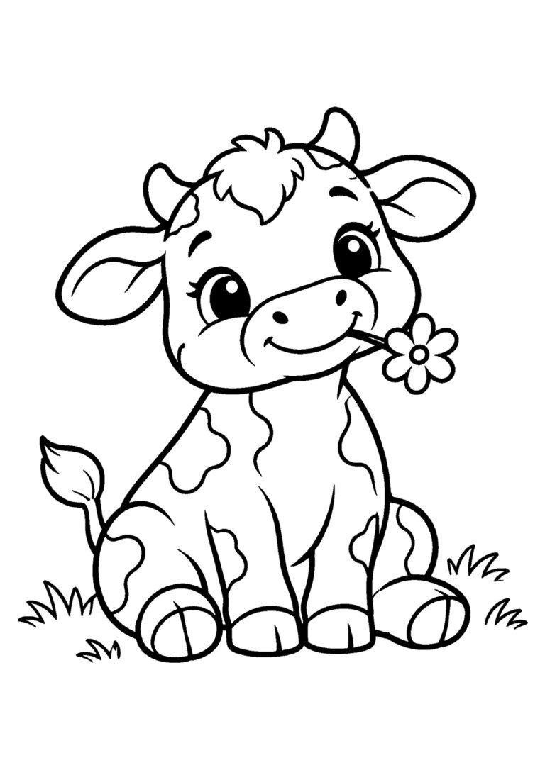 Vaca malhada sentada com uma florzinha na boca