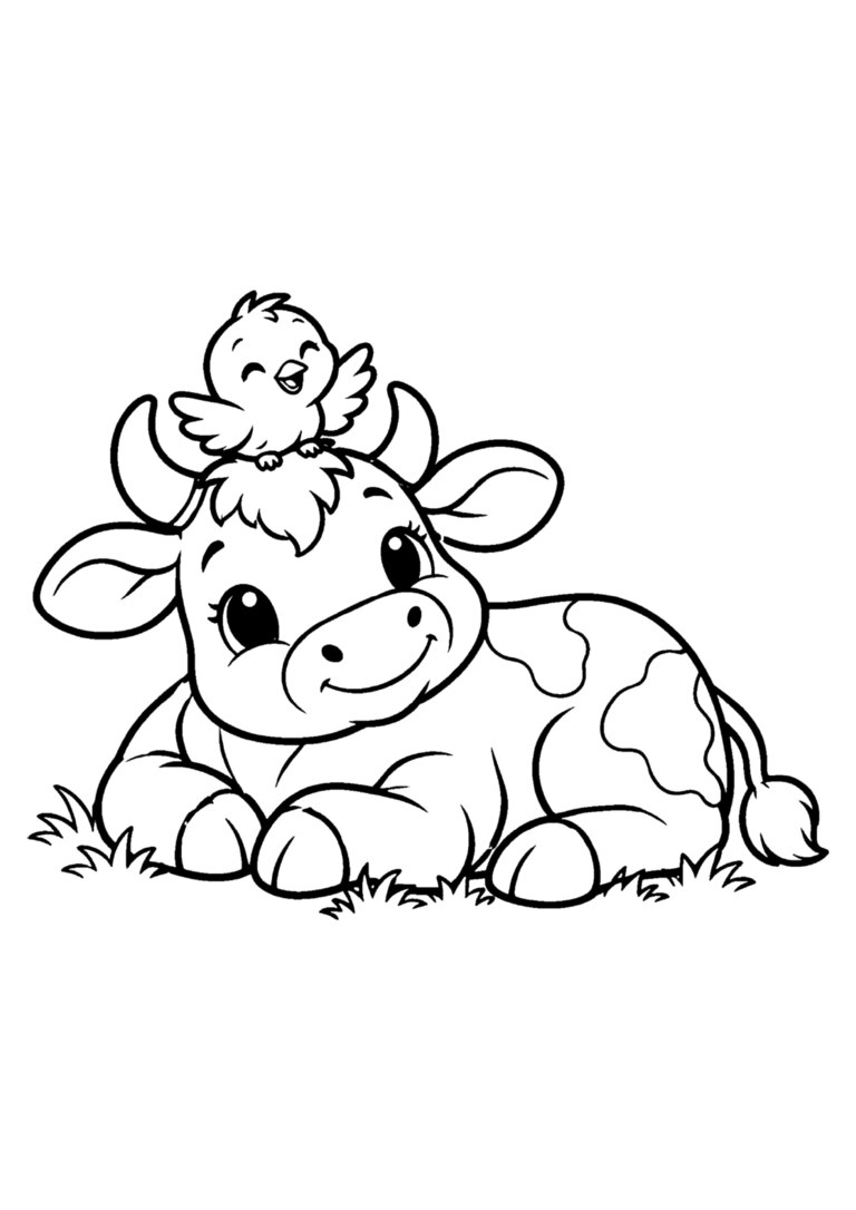 Vaca deitada com um passarinho entre os chifres